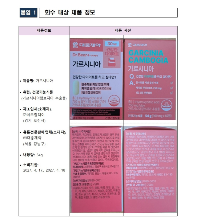 대웅제약의 건강기능식품 ‘가르시니아’. 사진 제공=식품의약품안전처