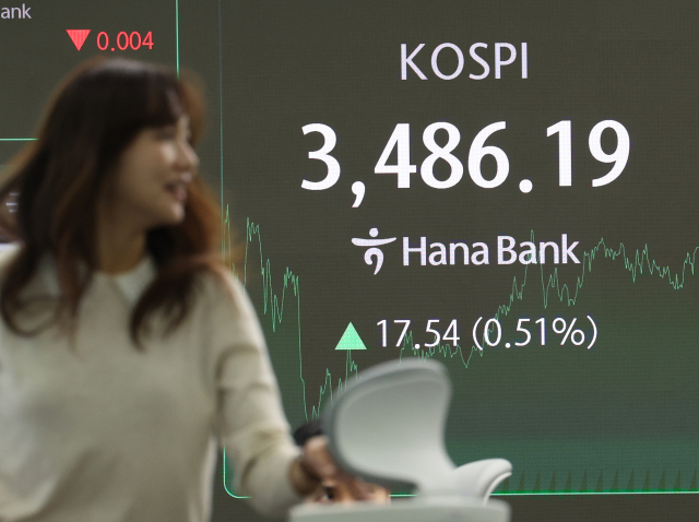 코스피가 3480대에서 장을 마치며 역대 최고치를 새로 경신한 23일 서울 중구 하나은행 딜링룸 현황판에 코스피 지수가 표시돼있다. 이날 코스피는 전장보다 17.54포인트(0.51%) 오른 3486.19, 코스닥지수는 전장보다 2.15포인트(0.25%) 내린 872.21에 장을 마치며 4거래일 만에 반락했다. 연합뉴스