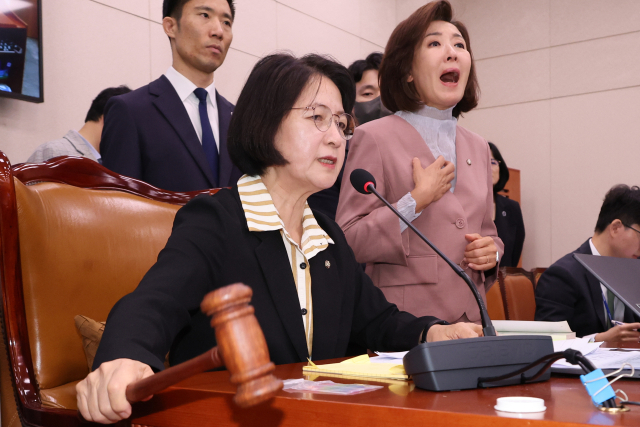 멈추지 않는 '추.나 대전' (서울=연합뉴스) 김주성 기자 = 22일 서울 여의도 국회 법제사법위원회에서 열린 '건진법사 관봉권 띠지' 분실 관련 검찰개혁 입법청문회에서 국민의힘 나경원 의원이 더불어민주당 소속 추미애 위원장의 질서유지권 발동에 항의하고 있다. 추 위원장은 