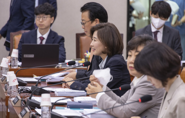 나경원 국민의힘 의원이 23일 국회에서 열린 법사위 법안심사1소위를 개회한 뒤 김용민 소위 위원장과 대화하고 있다. 연합뉴스