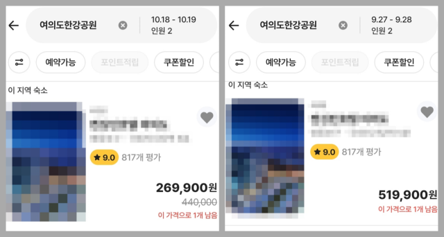 여의도 한 숙박업소의 평소 주말 가격(오른쪽) 대비 불꽃축제 기간 가격. 숙박예약시스템 캡처