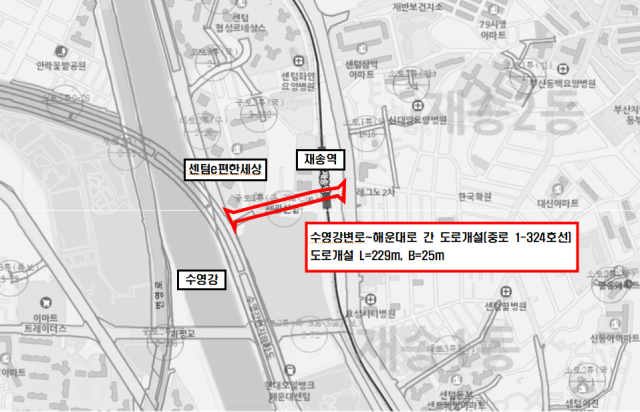 25일 개통된 부산 수영강변로~해운대로 간 도로 위치도. 사진제공=해운대구