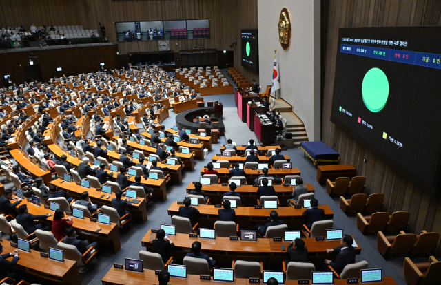 25일 서울 여의도 국회에서 열린 본회의에서 2025 경주 APEC 정상회의 성공개최 및 한반도 평화 번영을 위한 국회 결의안이 통과되고 있다. 이날 국민의힘은 정부조직법 등 4개 법안에 대해 4박 5일간 필리버스터에 돌입한다. 성형주 기자