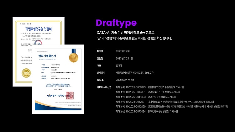 ▲ 드래프타입 기업 소개 및 대표 특허 리스트(드래프타입 제공)