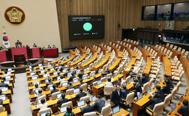 26일 서울 여의도 국회 본회의에서 검찰청을 폐지하고 중대범죄수사청과 공소청을 신설해 검찰의 수사·기소 기능을 분리하는 내용 등을 담은 정부조직법 개정안이 국민의힘 불참 속에 더불어민주당 주도로 통과되고 있다. 연합뉴스