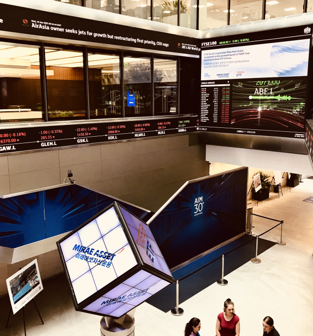 2025년 6월 영국 런던거래소에 게재된 ‘TIGER 토탈월드스탁액티브 ETF’ 신규 출시 기념 사진. 사진 제공=미래에셋자산운용