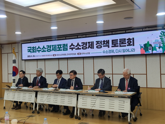 신승규(왼쪽부터) 현대차 에너지&수소정책담당 전무, 전영준 SK이노베이션 E&S 부사장, 문일 연세대 교수, 박진호 한국에너지공과대학교 총장대행, 김제경 에너지경제연구원 선임연구위원, 이관영 한국과학기술연구원 단장이 30일 국회에서 열린 수소경제 토론회에서 발언하고 있다. 사진=노해철 기자