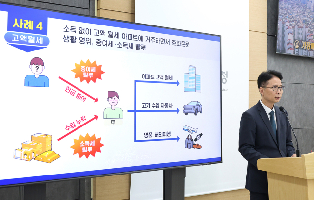 박종희 국세청 박종희 자산과세국장이 1일 정부세종청사 국세청 브리핑실에서 부동산 시장이 과열된 서울의 초고가 아파트 거래자와 최근 집을 사들인 외국인·연소자 등 탈세 혐의자 104명을 대상으로 세무조사에 착수했다고 밝히고 있다. 사진 제공=국세청.