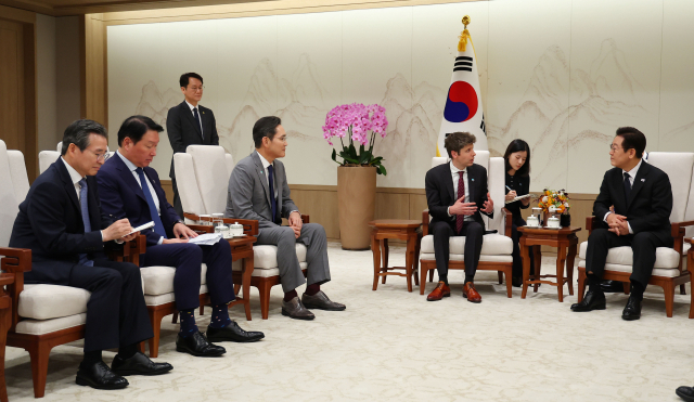 이재명 대통령이 1일 샘 올트먼 오픈AI 최고경영자(CEO), 이재용 삼성전자 회장, 최태원 SK그룹 회장 등을 접견하고 있다. 연합뉴스