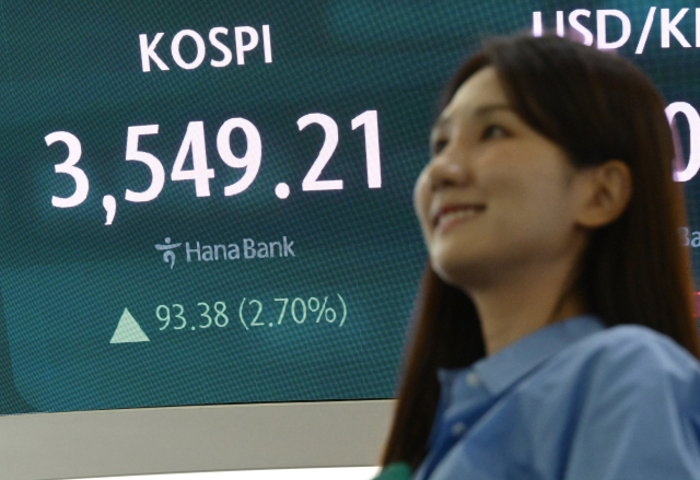 코스피가 사상 처음 3500선을 돌파하며 종가 기준 역대 최고치인 3549.21로 마감한 2일 서울 중구 하나은행 딜링룸에서 딜러들이 업무를 보고 있다. 성형주 기자