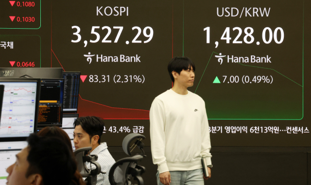 13일 서울 중구 하나은행 딜링룸 현황판에 코스피 지수 등이 표시되고 있다. 이날 코스피 지수는 전 거래일 대비 60.52포인트(1.68%) 내린 3550.08에, 코스닥은 13.73포인트(1.60%) 하락한 845.76에 개장했다. 연합뉴스