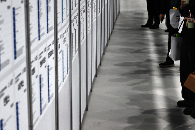 구직자들이 21일 서울 강서구 코엑스마곡 컨벤션센터에서 열린 2025 상생협력 채용박람회에서 채용 공고를 살펴보고 있다. 조태형 기