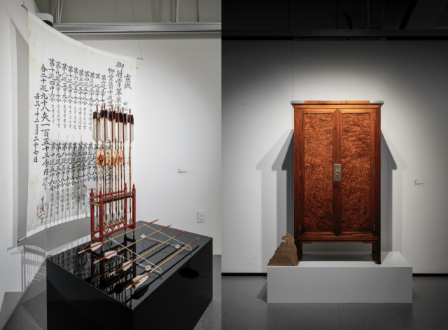 유세현 궁시장이 제작한 전통 화살 '어시(御矢·왼쪽)'와 경상남도 무형문화재 소목장 기능보유자인 조복래 작가가 전통 기법으로 만든 목가구. 사진 제공=세이버스코리아