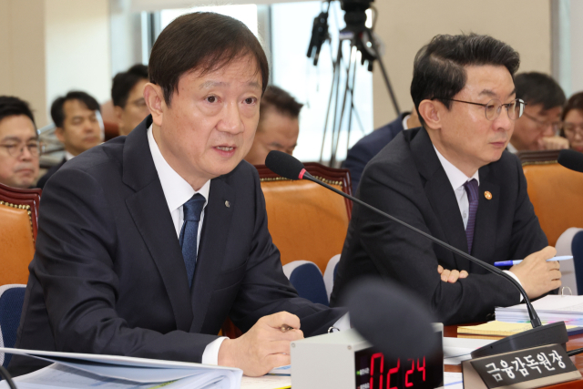 이찬진(왼쪽) 금융감독원장이 27일 서울 여의도 국회에서 열린 정무위원회의 종합 감사에서 위원 질의에 답하고 있다. 연합뉴스