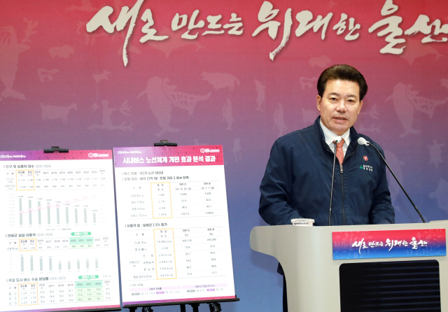 임현철 울산시 대변인이 29일 시청 프레스센터에서 시내버스 노선 전면 개편의 효과를 분석한 결과 발표를 하고 있다. 사진제공=울산시