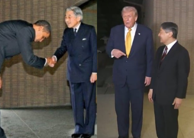 트럼프는 어깨 ‘툭’, 오바마는 90도 인사…일왕 앞에서 상반된 美 대통령