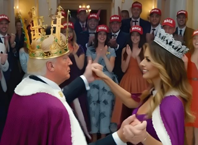 도널드 트럼프 미국 대통령이 부인 멜라니아 여사와 신라 천마총 금관을 쓰고 춤을 추는 AI 제작 모습. 사진=SNS 캡처
