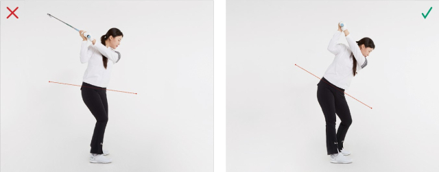 골반은 수평이 아닌 사선으로 움직여야 척추 각이 유지된다. 백스윙 때 오른쪽 골반이 위쪽으로 올라가면서 팽팽한 톱이 완성된다.