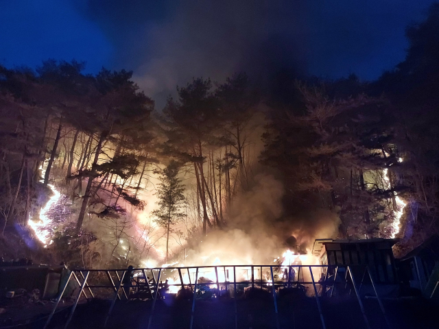 20일 오후 5시 23분께 강원 인제군 기린면 한 야산에서 산불이 발생해 산림·소방 당국 등이 진화 작업 중이다. 연합뉴스