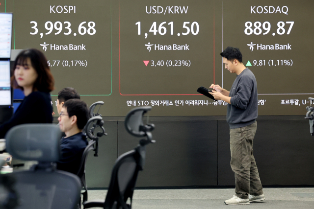 28일 서울 중구 하나은행 딜링룸 현황판에 코스피·코스닥 지수가 표시되고 있다. 연합뉴스.