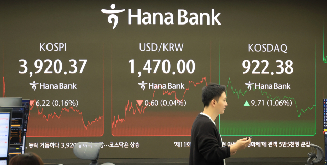 1일 서울 중구 하나은행 본점에서 직원들이 증시와 환율을 모니터하고 있다. 이날 코스피는 장중 등락을 거듭하다 3920대에서 소폭 내린 채 장을 마쳤다. 전 거래일 1.51% 내린 데 이어 2거래일 연속 하락세다. 반면 코스닥지수는 전장보다 9.71포인트(1.06%) 오른 922.38에 장을 마치며 4거래일 연속 상승세를 나타냈다. 연합뉴스