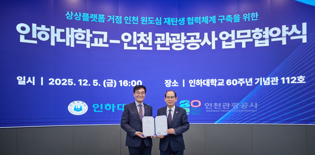 조명우 인하대 총장과 유지상 인천관광공사 사장이 상상플랫폼 거점 인천 원도심 재탄생 협력체계 구축을 위한 업무협약 기념사진을 촬영하고 있다. 사진제공=인하대학교