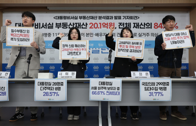 경제정의실천시민연합 활동가들이 10일 기자회견을 열고 대통령비서실 소속 51명 중 올해 공개된 28명의 부동산 재산 분석 결과를 발표하고 있다. 연합뉴스